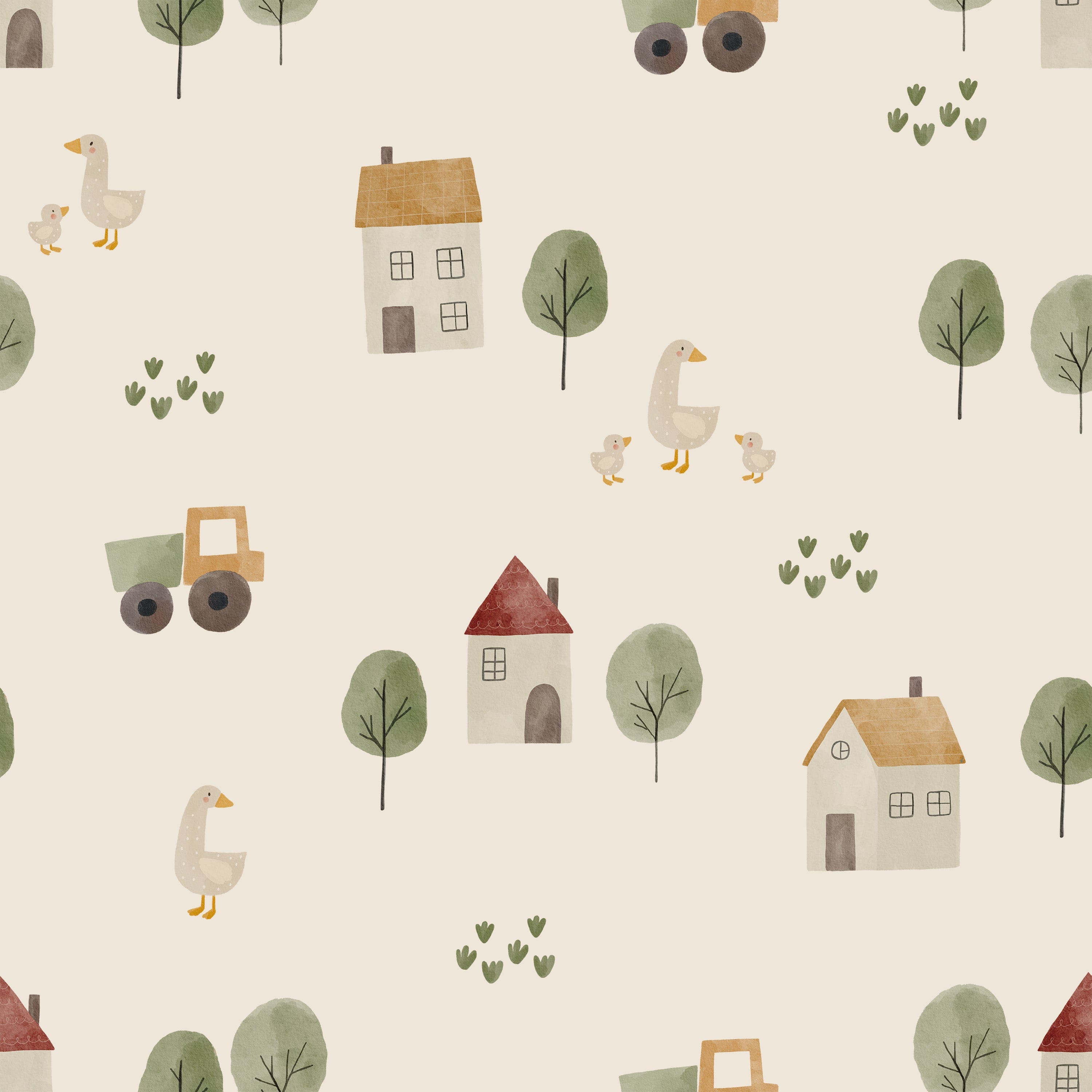 A seamless pattern of Farm Friend Wallpaper - Happy Goslings, featuring hand-drawn illustrations of houses, trees, tractors, geese with goslings, and grass on an ecru background.