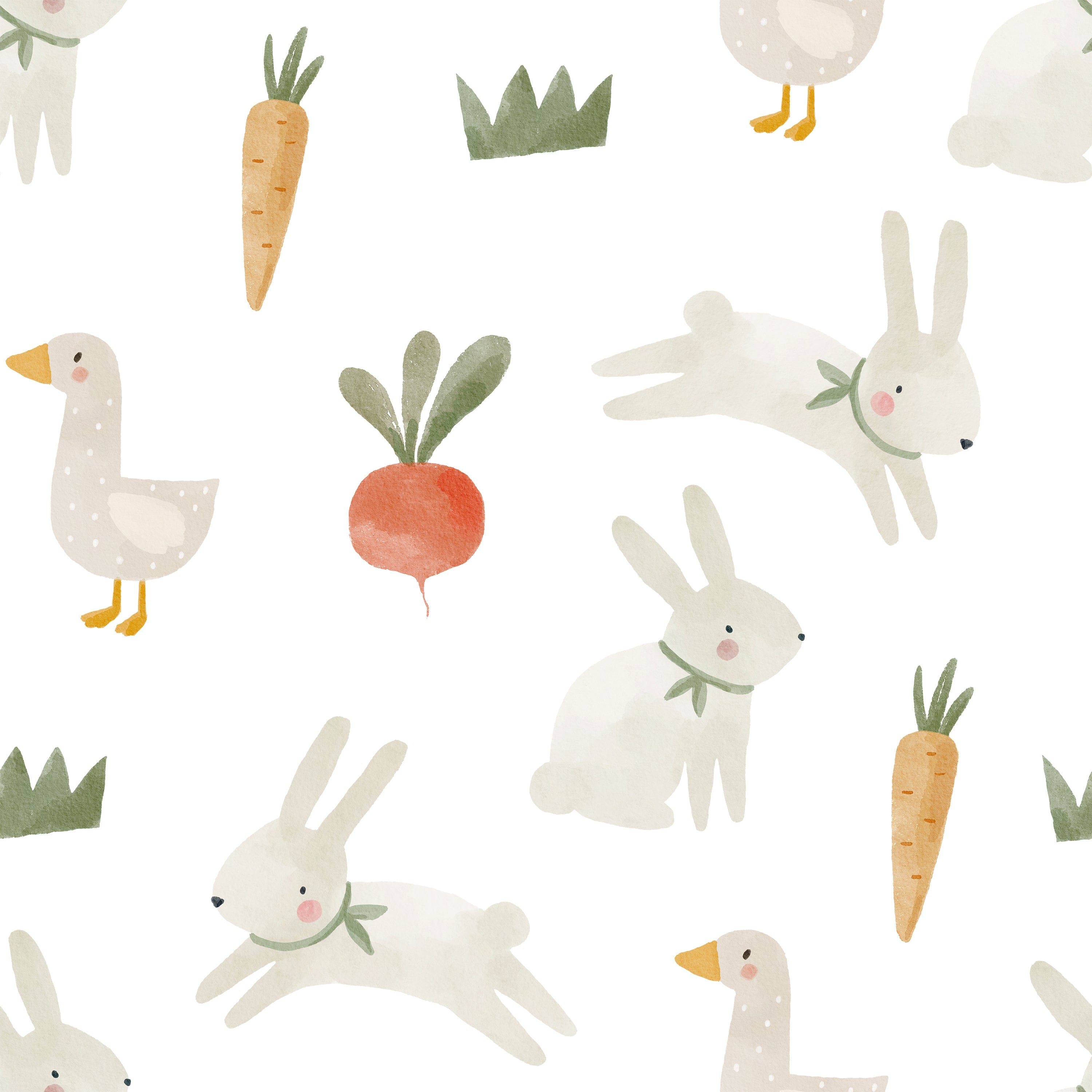 A seamless pattern of Farm Friend Wallpaper - Happy Bunnies, showcasing charming hand-drawn bunnies, geese, carrots, radishes, and grass on a white background.