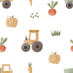 A seamless pattern of Farm Friend Wallpaper - Happy Veggies, showcasing cute, hand-drawn illustrations of a yellow tractor, pumpkins, carrots, radishes, and grass on a white background.