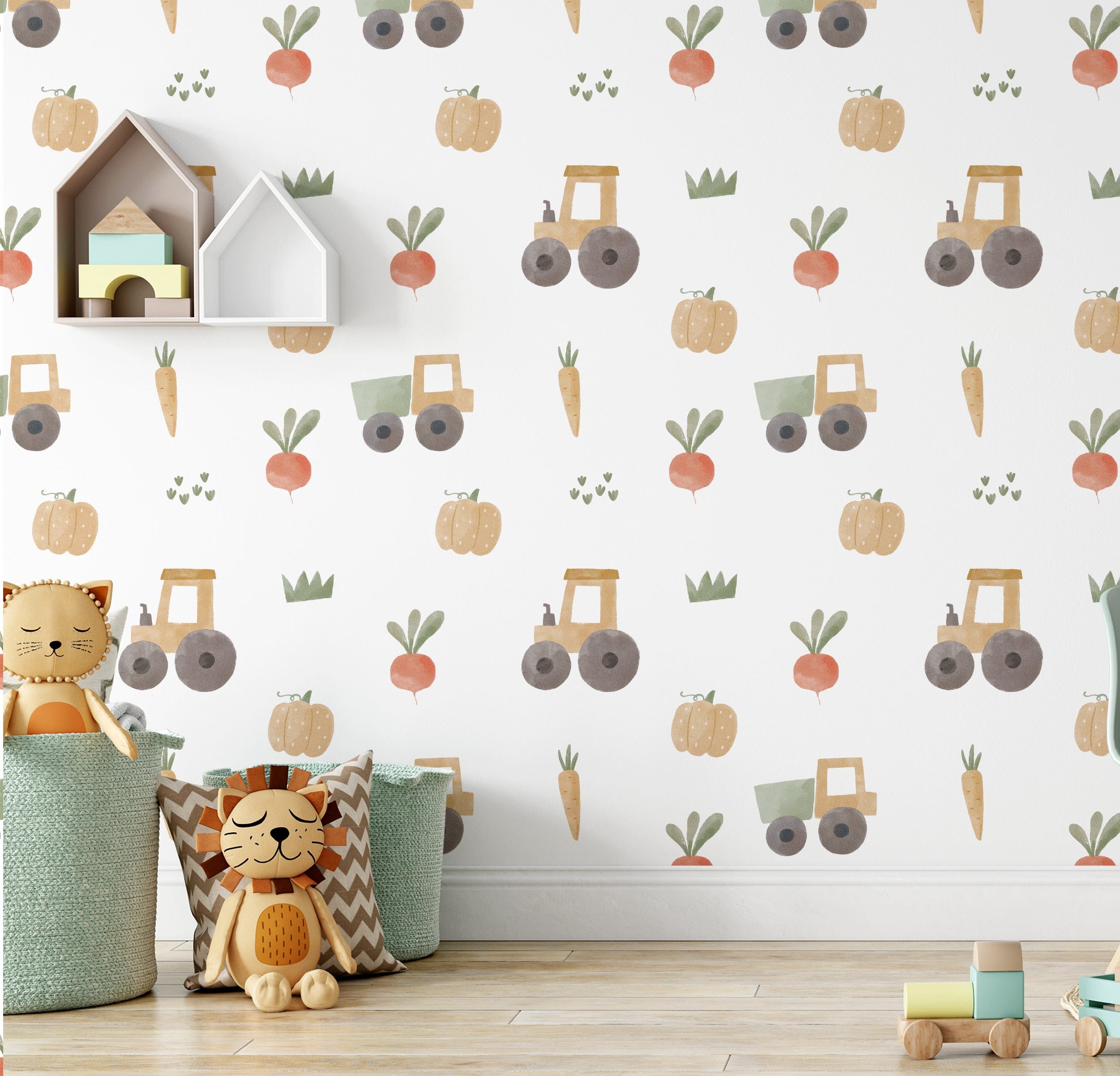 A children's playroom decorated with Farm Friend Wallpaper - Happy Veggies, featuring whimsical illustrations of tractors, pumpkins, carrots, radishes, and grass, creating a playful and colorful atmosphere.
