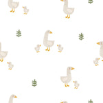 A close-up view of the Cute Farm Friend Wallpaper, displaying a delightful array of hand-painted style ducks and ducklings with small green plants. The pattern is set on a clean white background, bringing a sense of farmyard fun and gentle whimsy to a nursery or child's playroom.
