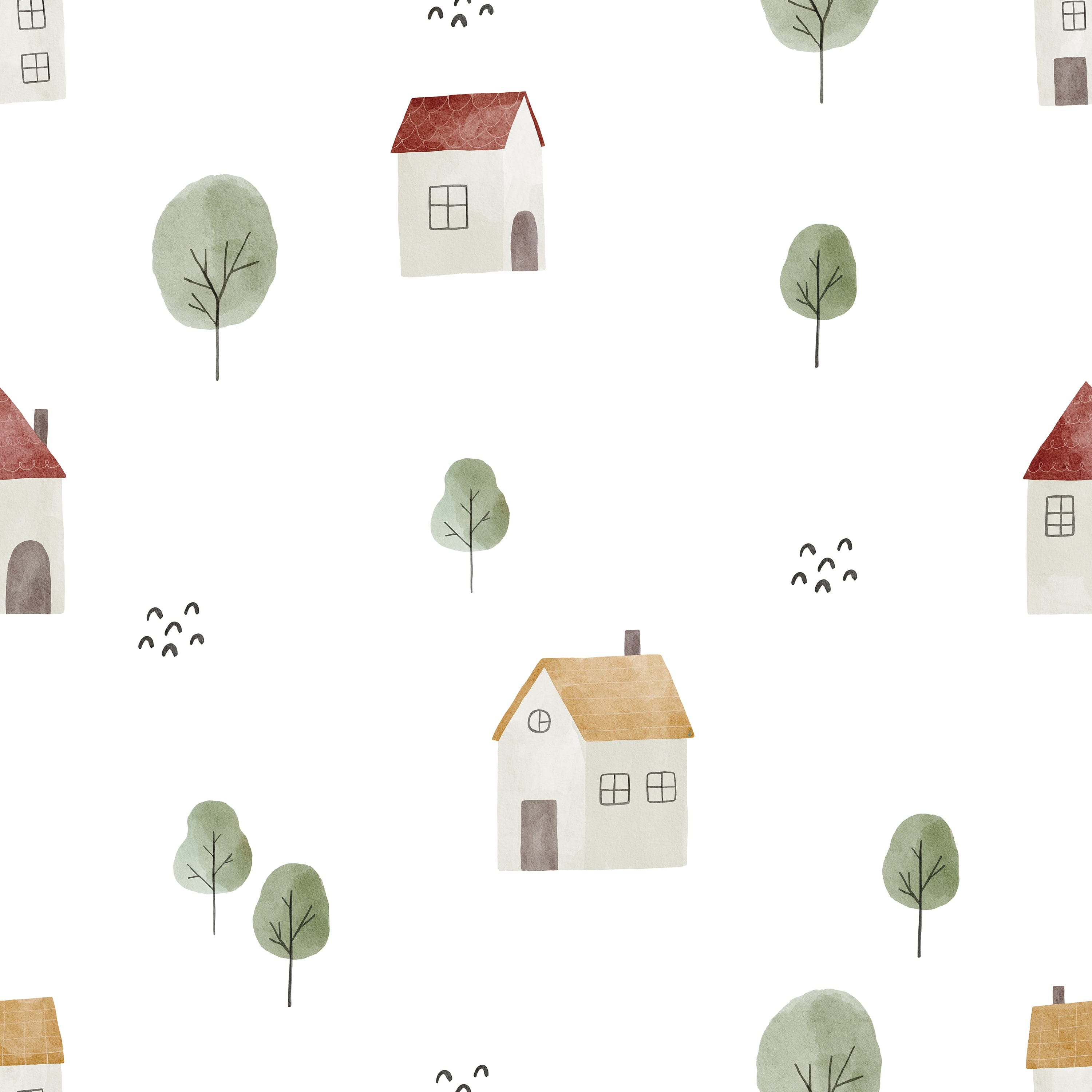 A seamless pattern of Farm Friend Wallpaper - Happy House, showcasing cute, hand-drawn houses with red and yellow roofs, surrounded by green trees and little birds, on a white background.