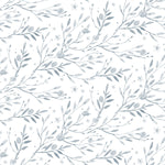 a close-up view of the wallpaper, highlighting its artistic watercolor design. The wallpaper features graceful branches with leaves and blooming flowers accompanied by quaint little birds, all rendered in a gentle palette of pale blues and whites. The dreamy, hand-painted quality of the pattern exudes the freshness of spring and would add a serene touch to any room.