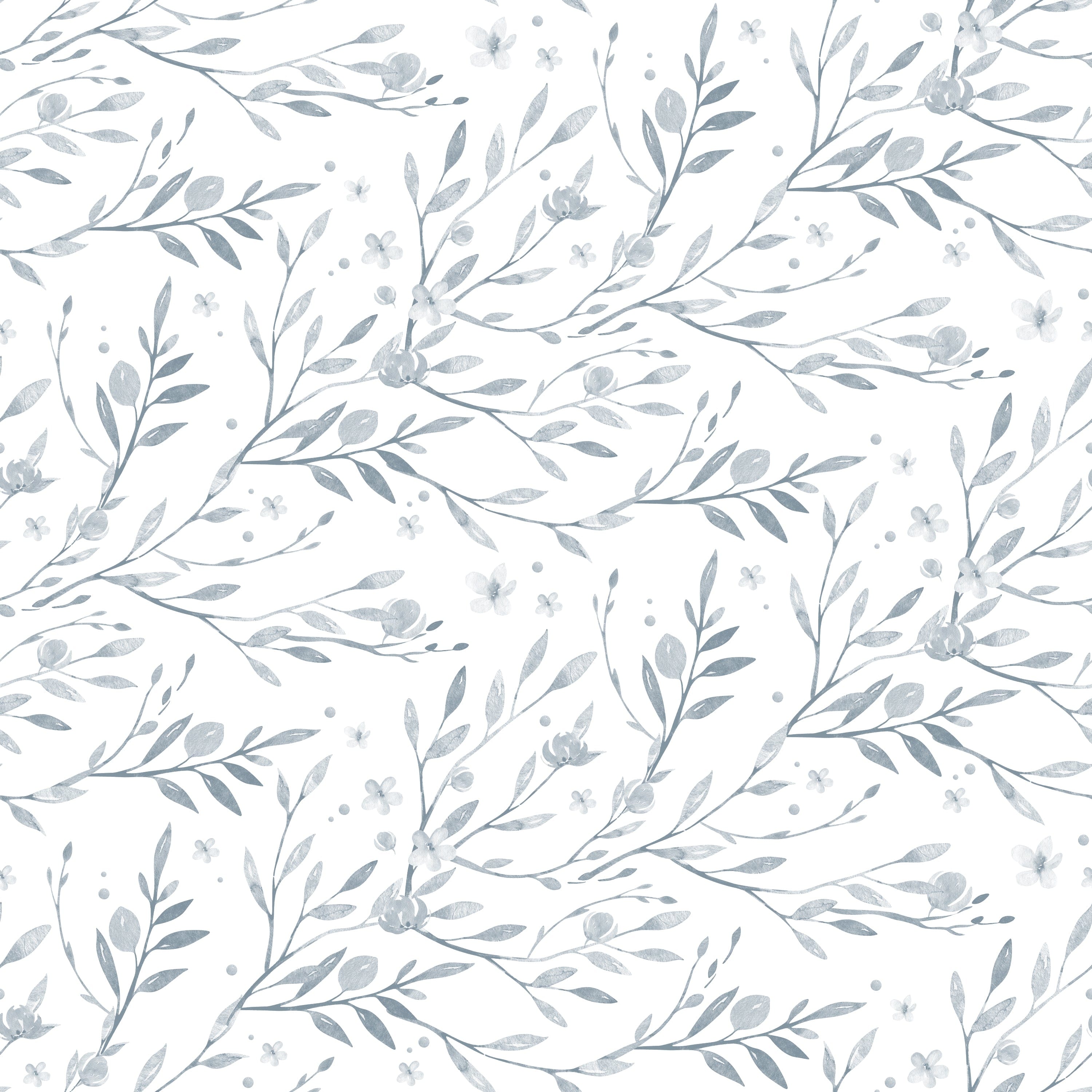 a close-up view of the wallpaper, highlighting its artistic watercolor design. The wallpaper features graceful branches with leaves and blooming flowers accompanied by quaint little birds, all rendered in a gentle palette of pale blues and whites. The dreamy, hand-painted quality of the pattern exudes the freshness of spring and would add a serene touch to any room.