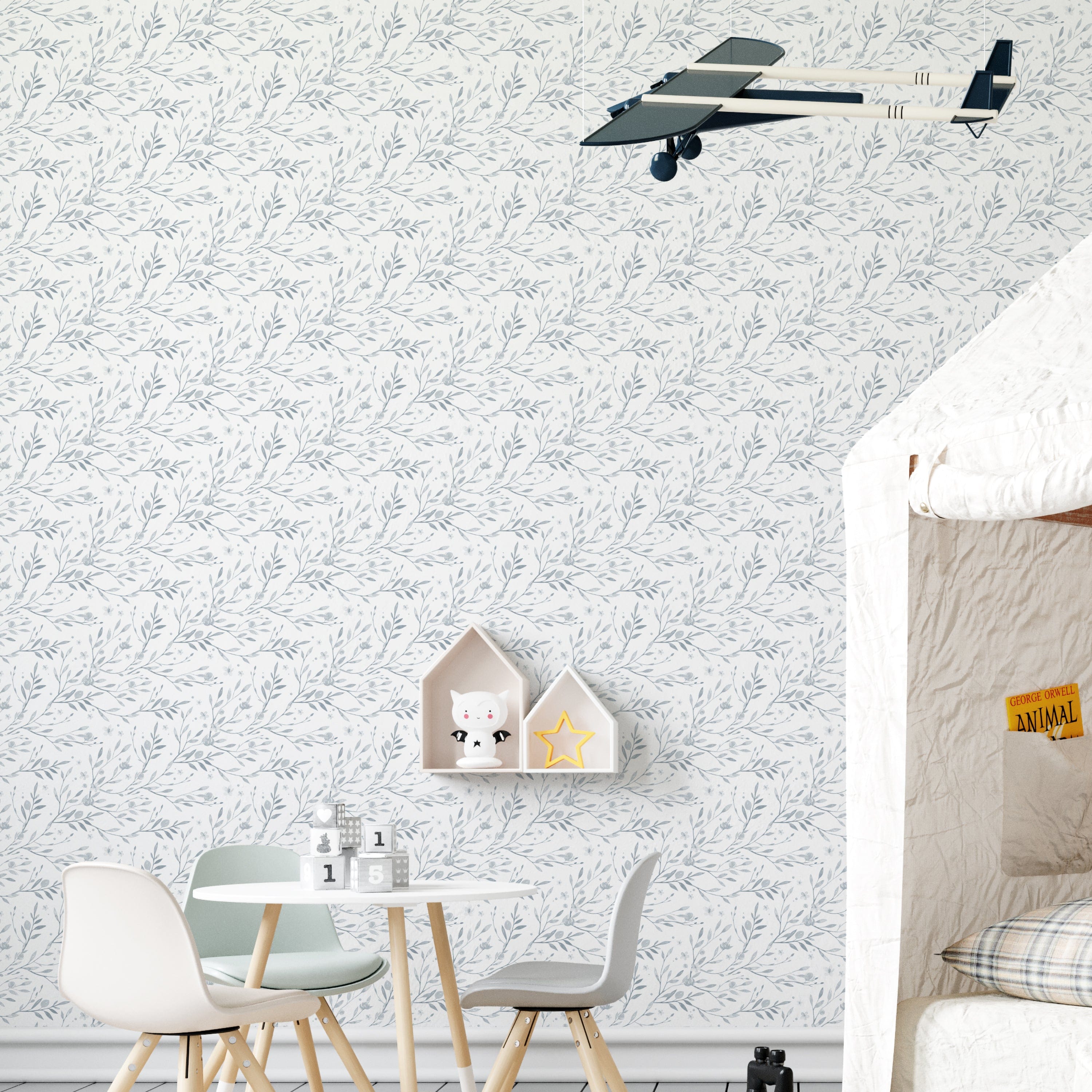 wallpaper, peel and stick wallpaper, Home decor, watercolor spring bird wallpaper, pale blue wallpaper, kids room wallpapers, floral wallpapers, 