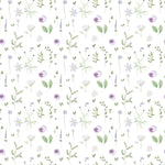 Pattern detail of the Wildflower Wonder Wallpaper showing a watercolor-style design with purple and yellow wildflowers and green foliage on a white background.