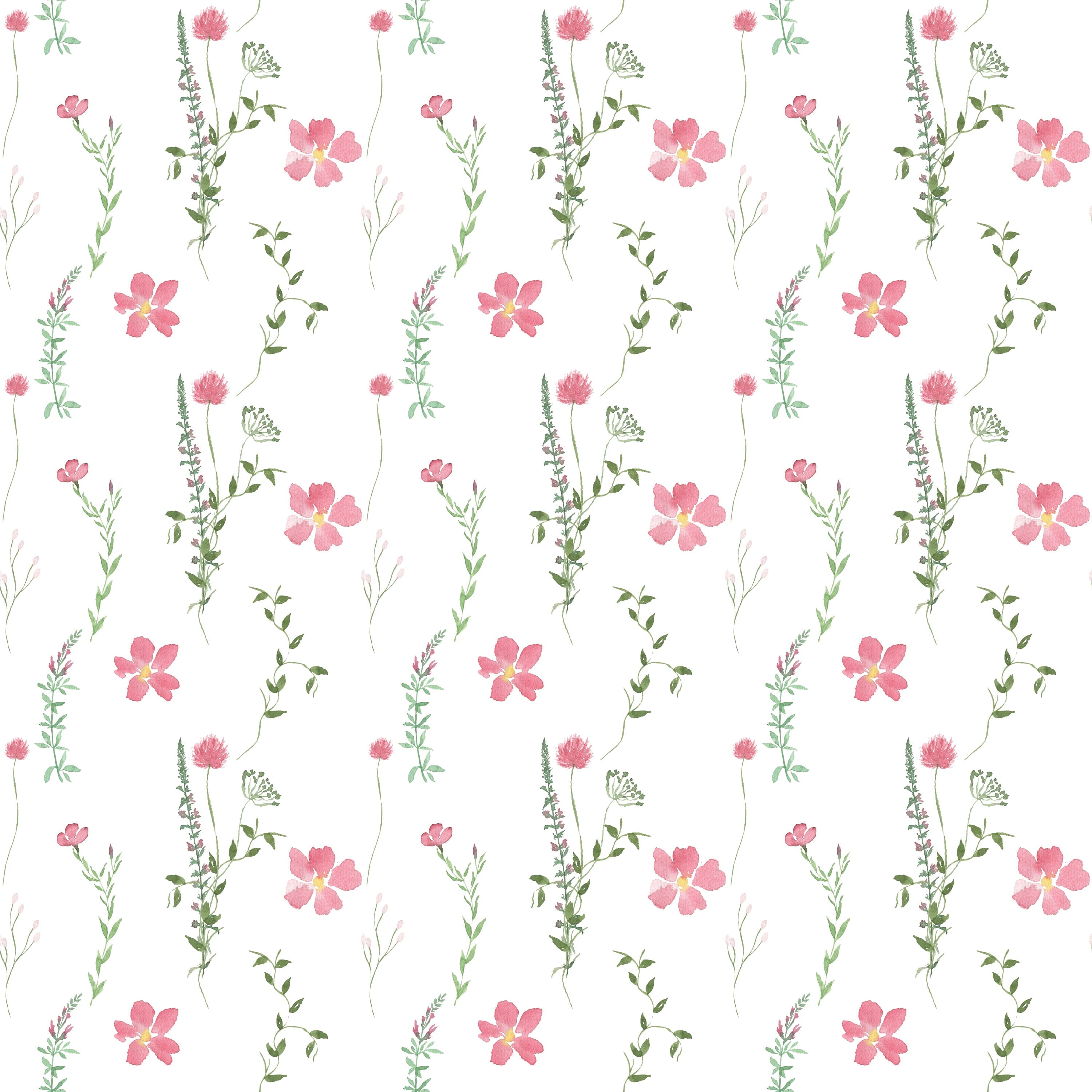 Pattern detail of the Spring Serenity Wallpaper with watercolor-style pink flowers and green foliage on a white background, illustrating the fresh and serene design
