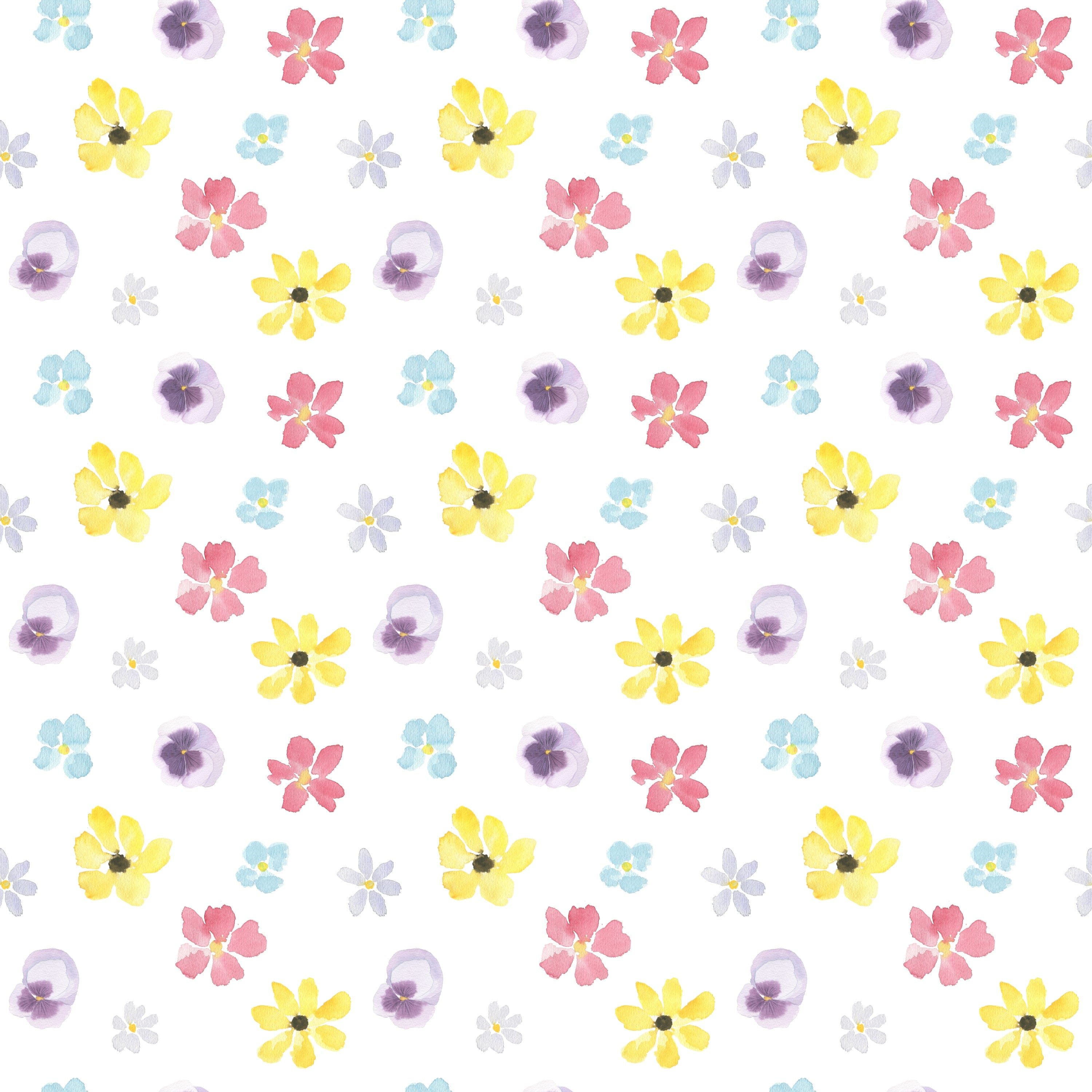 Pattern detail of the Spring Field Wallpaper - VI, showcasing a vibrant design with a mix of watercolor-style flowers in various colors, including yellow, pink, purple, and blue, on a white background