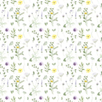 Pattern detail of the Spring Field Wallpaper - VII, highlighting its elegant watercolor-style design with purple and yellow flowers and green leaves on a white background