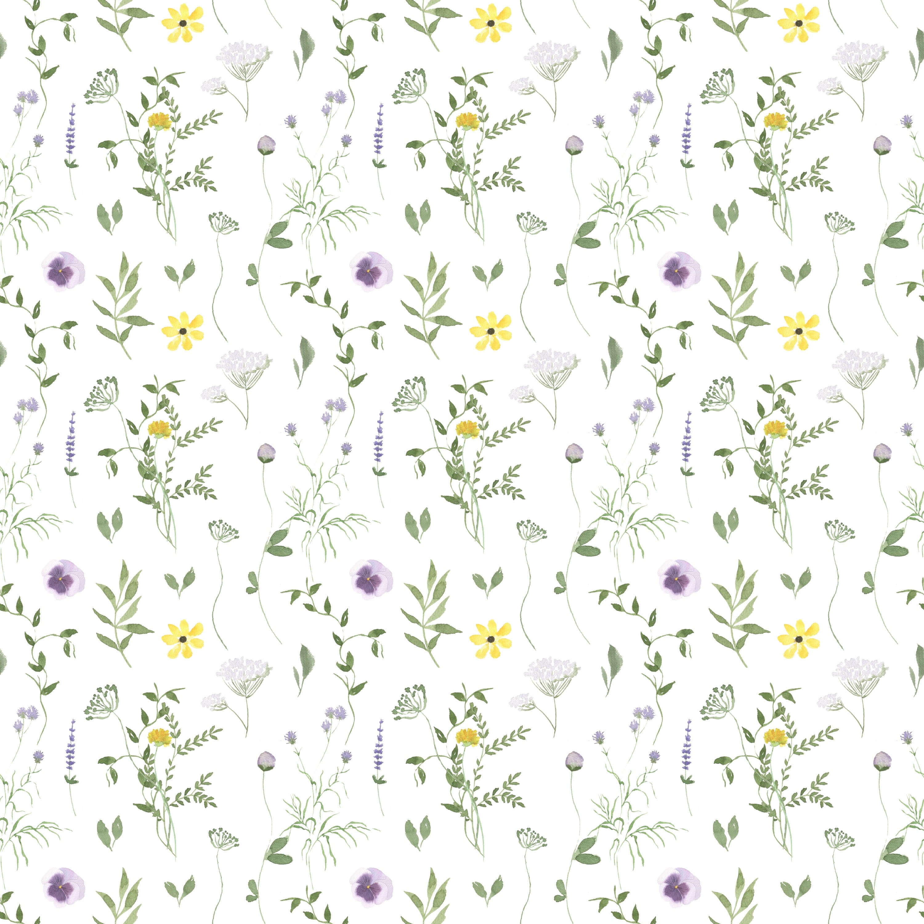 Pattern detail of the Spring Field Wallpaper - VII, highlighting its elegant watercolor-style design with purple and yellow flowers and green leaves on a white background