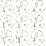 Pattern detail of the Spring Field Wallpaper - VIII, featuring a delightful watercolor-style design with pink, blue, and yellow flowers and green leaves on a white background