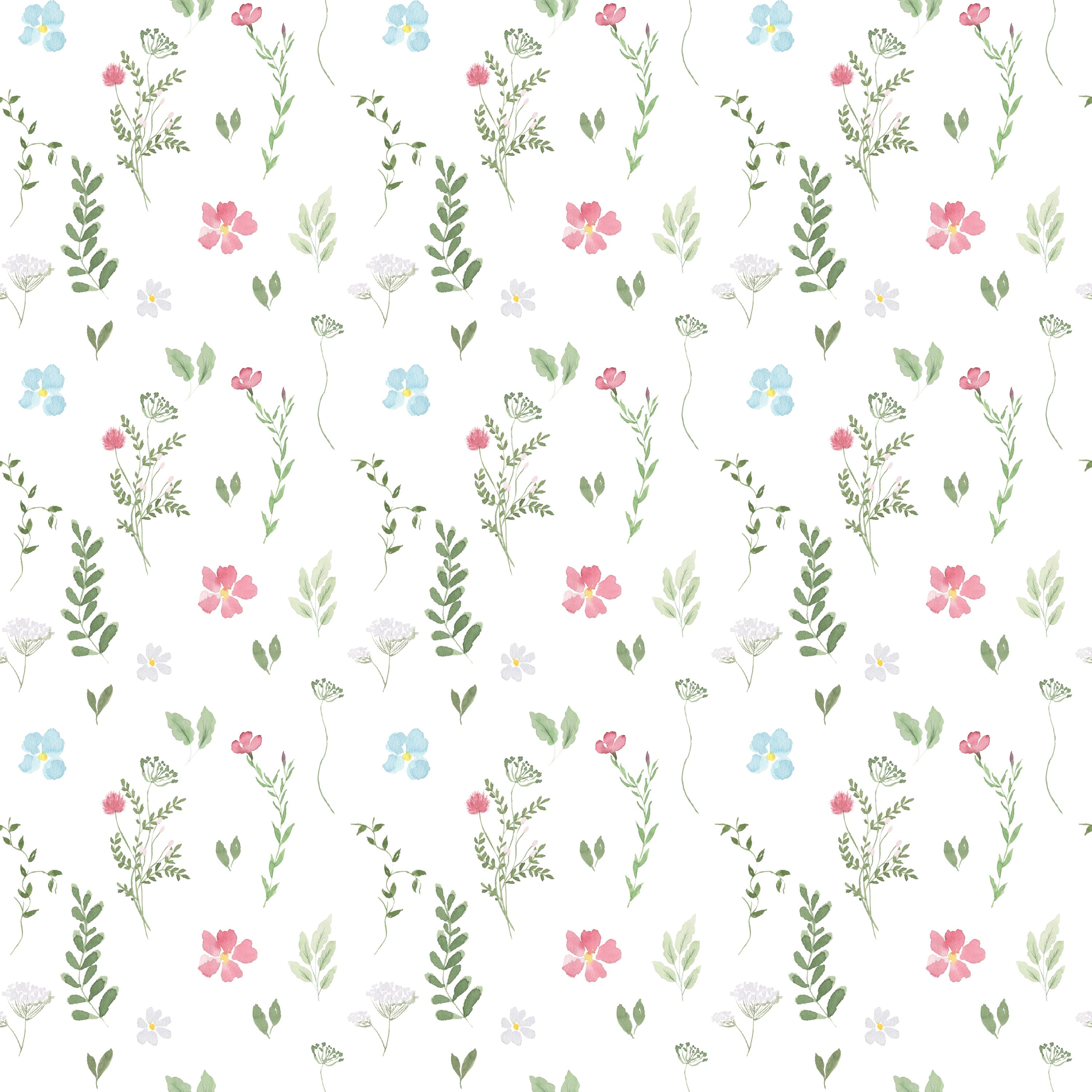 Pattern detail of the Spring Field Wallpaper - VIII, featuring a delightful watercolor-style design with pink, blue, and yellow flowers and green leaves on a white background
