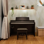Earthy Aura Paint Texture Mural Wallpaper in a stylish music room featuring a black piano, a wooden shelf with decorative items, and beige curtains, creating a serene and artistic atmosphere