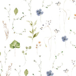 A seamless pattern detail of 'Ikebana Floral Wallpaper' showcasing an artistic arrangement of blue flowers, green leaves, and delicate branches on a clean white background.