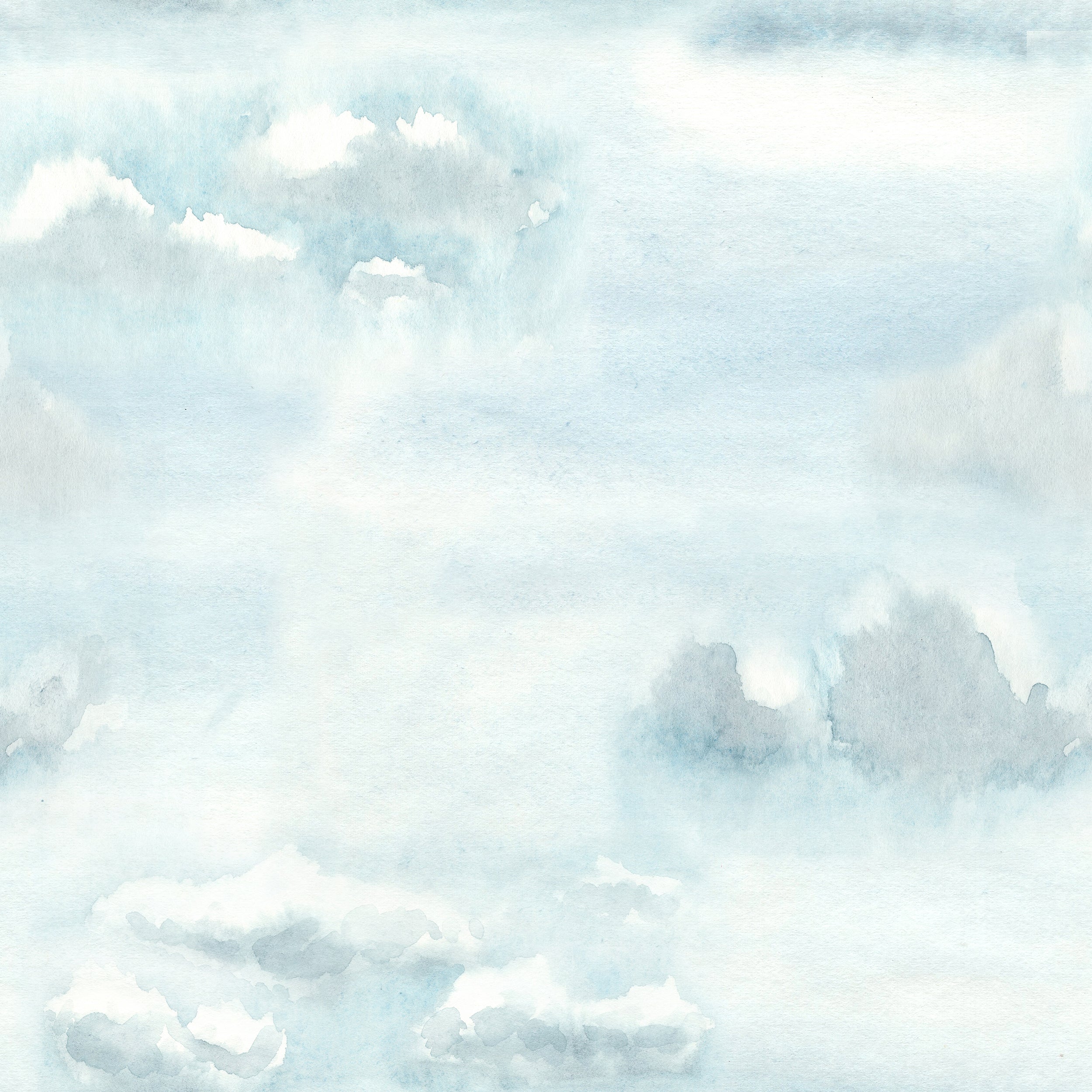 Close-up view of the Watercolour Cloud and Skies III wallpaper featuring a serene sky with soft, fluffy clouds in shades of blue and grey. The watercolor effect gives the wallpaper a dreamy and peaceful appearance