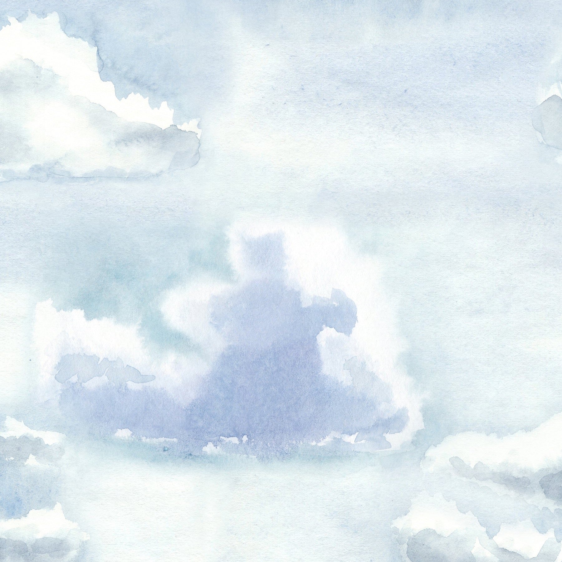 A close-up of the Watercolour Cloud and Skies II wallpaper, showcasing its delicate blend of light and dark blue watercolor clouds on a soft white background.