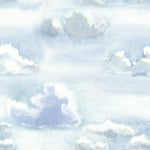 A close-up of the Watercolour Cloud and Skies II wallpaper, showcasing its delicate blend of light and dark blue watercolor clouds on a soft white background.