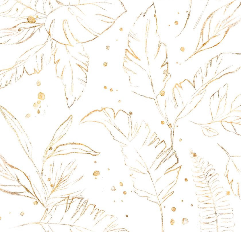 Close-up of the Gold Tropical Wallpaper showing the detailed gold outlines of tropical foliage and splashes of golden dots, set against a light neutral background for a luxurious and radiant effect.