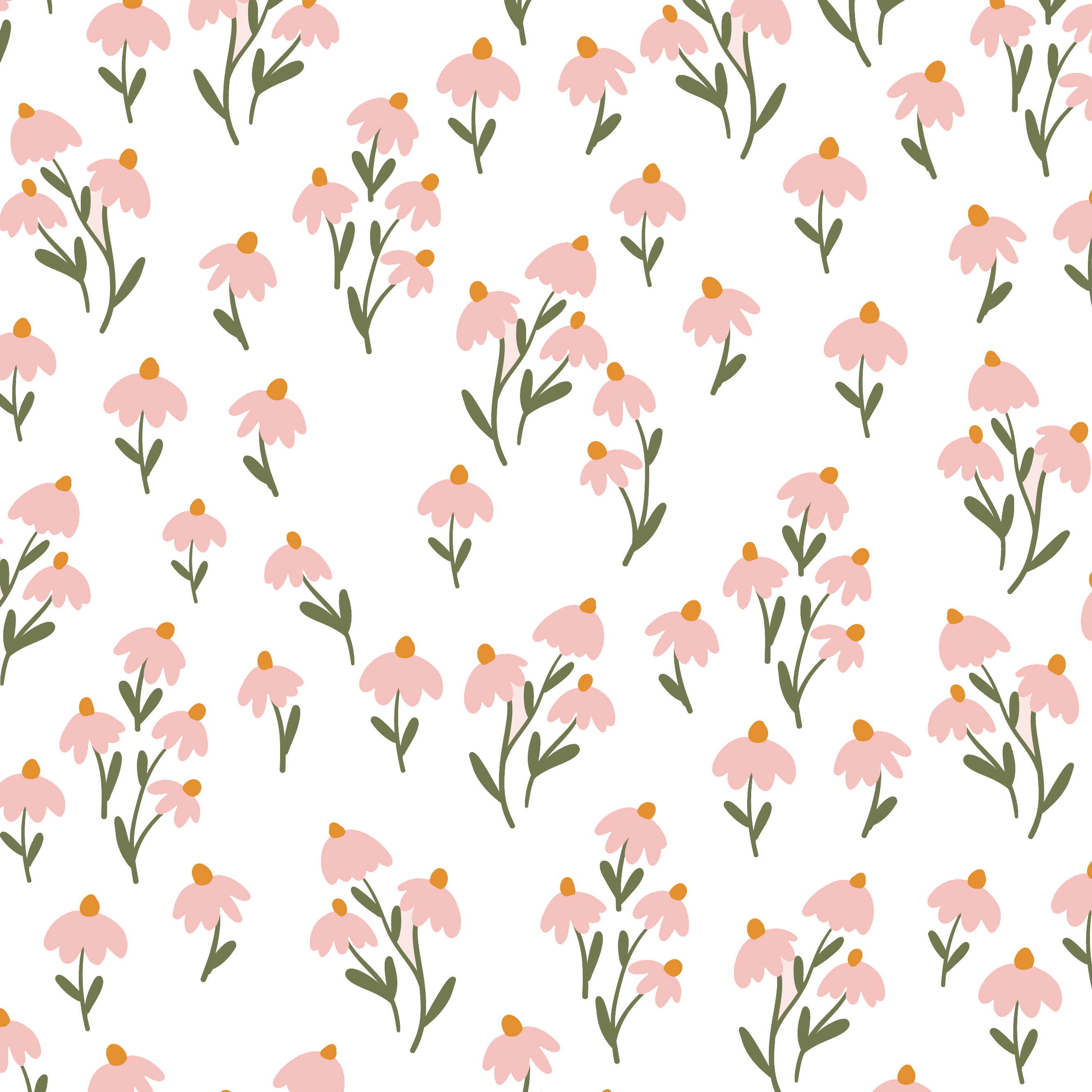 A seamless pattern of pink flowers with lush green stems against a white background, the Floral Love Wallpaper- Pink evokes a fresh and cheerful springtime garden.