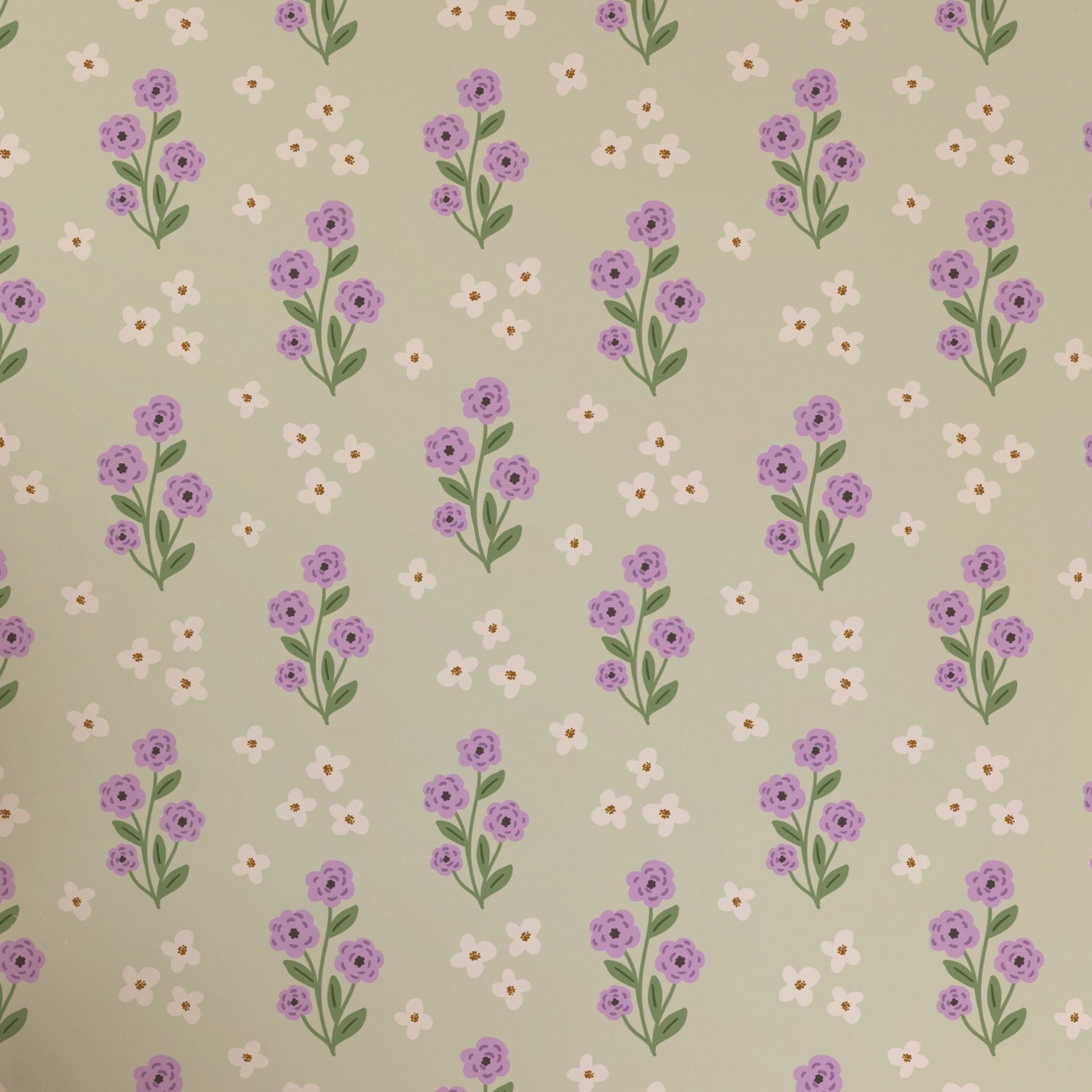A delicate pattern of small, purple floral bouquets interspersed with tiny white flowers against a soothing green backdrop, the Peaceful Floral Bouquet Wallpaper adds a gentle, charming touch to any interior.