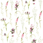 A close-up of a repeat pattern featuring delicate spring flowers and foliage. The wallpaper showcases a soft watercolor style with pink blooms and light green leaves scattered throughout a white background.