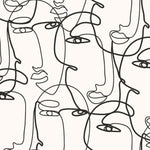 Close-up view of Minimalist Faces Wallpaper showcasing a black line art pattern of abstract faces on a white background, providing a detailed look at the intricate design