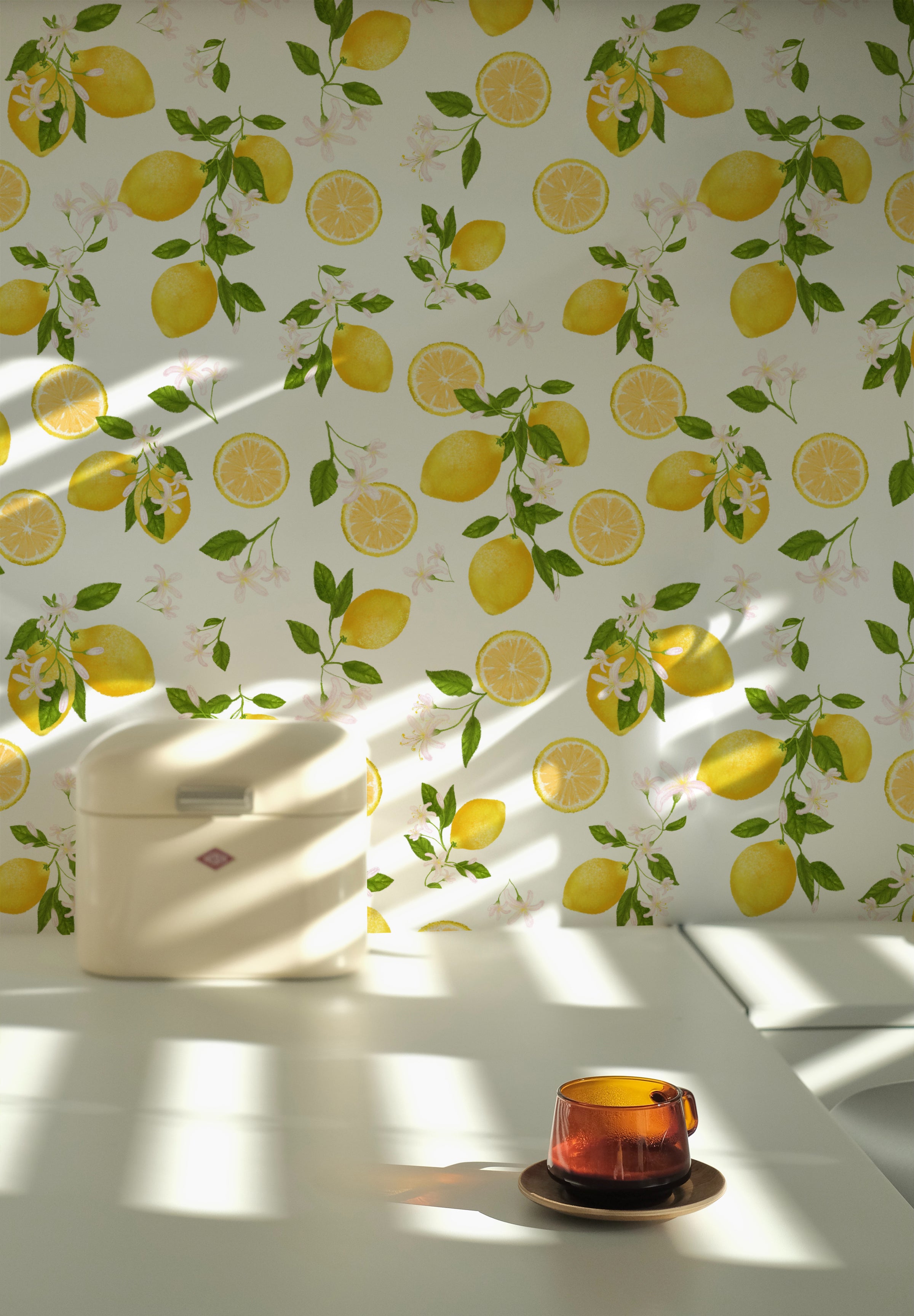 Lemon Floral Wallpaper with a bright and fresh pattern of yellow lemons, green leaves, and white flowers, creating a sunny and vibrant look in a kitchen setting