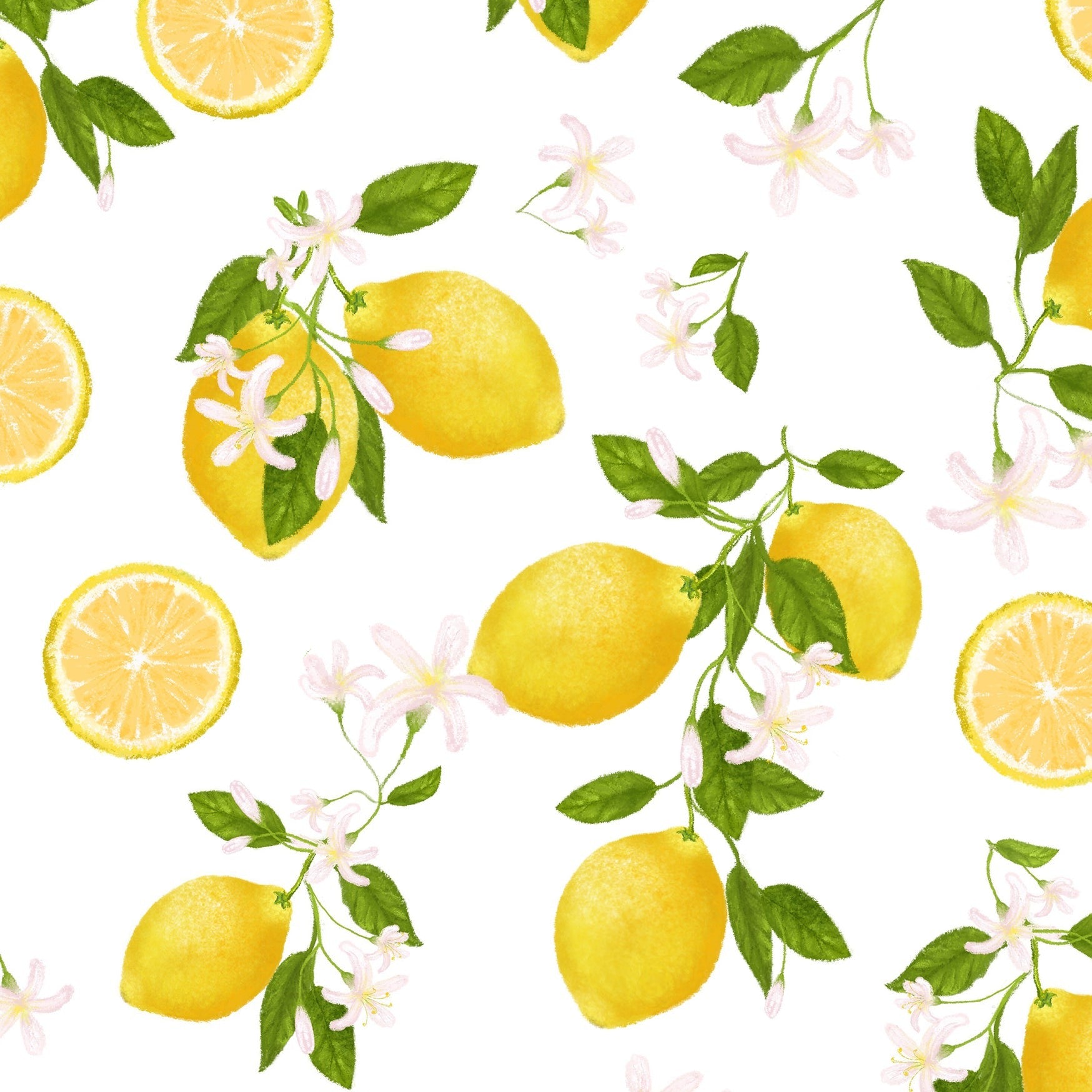 Close-up view of the Lemon Floral Wallpaper showcasing the detailed pattern of yellow lemons, green leaves, and white flowers on a white background