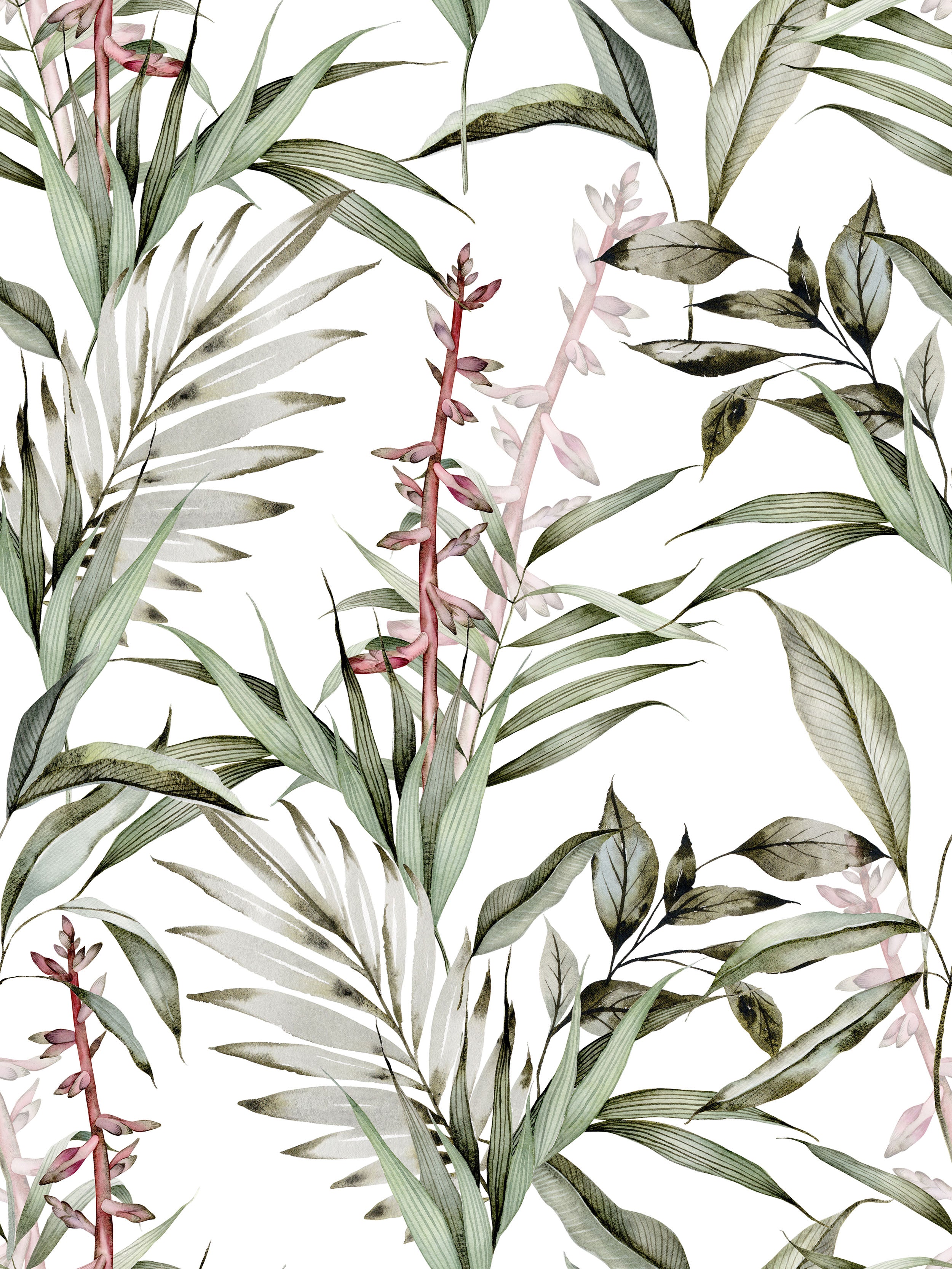 A close-up view of tropical branches wallpaper showcasing an intricate pattern of green leaves and pinkish-red flowers on a light background. The detailed design and natural colors create a lush and refreshing look, perfect for adding a touch of nature to any room.