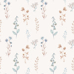 Close-up view of the Bluebell Floral Wallpaper, displaying an intricate pattern of various flowers and leaves in soft pastel tones of blue, tan, and green, set against a light background.
