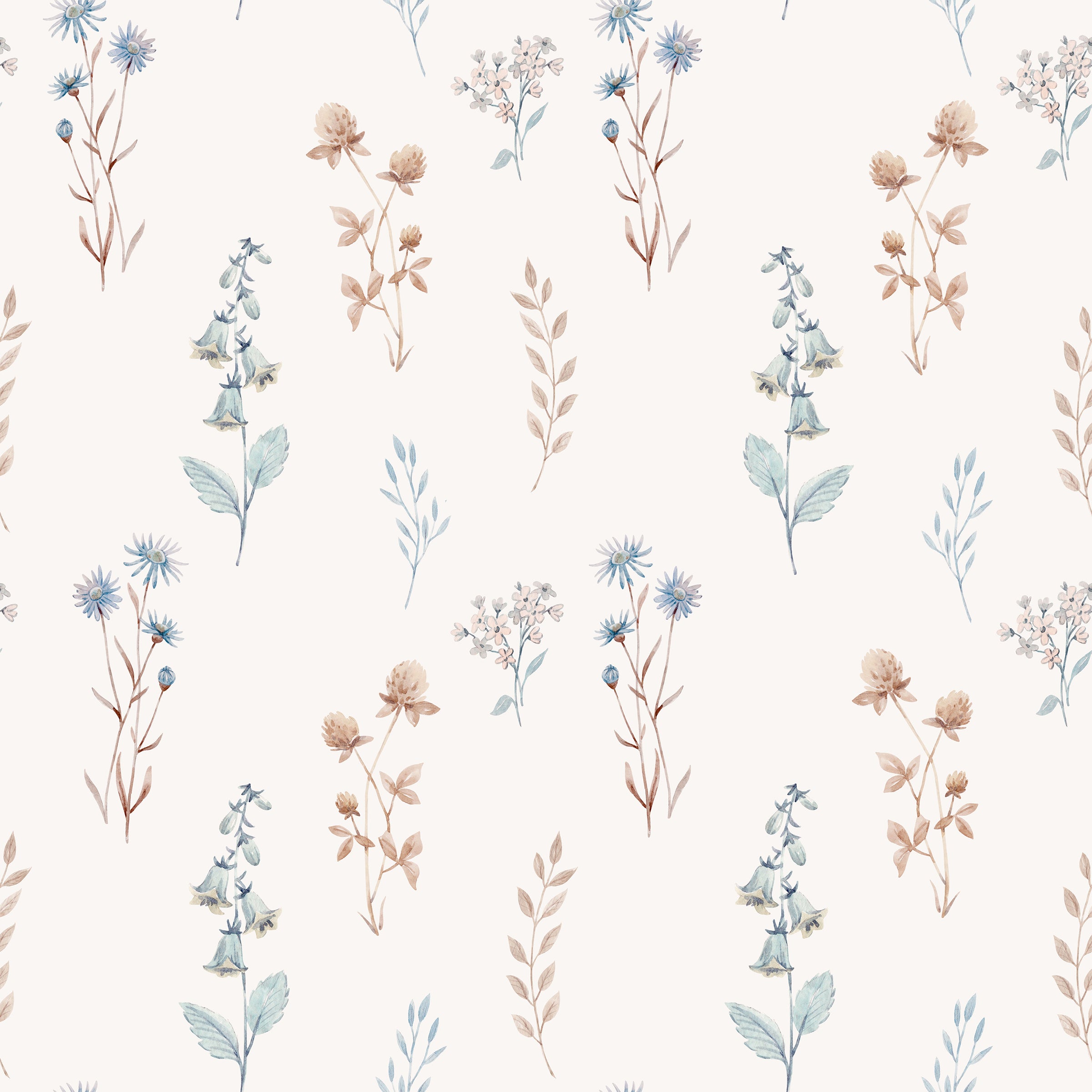 Close-up view of the Bluebell Floral Wallpaper, displaying an intricate pattern of various flowers and leaves in soft pastel tones of blue, tan, and green, set against a light background.
