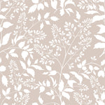 Close-up view of Pressed Branches Wallpaper showcasing a white botanical pattern of leaves and branches on a beige background, highlighting the intricate design.