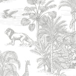 An intricate Jungle Theme Wallpaper featuring detailed sketches of various wildlife and tropical flora. The monochromatic design includes illustrations of lions, rhinoceroses, giraffes, and flamingos amidst lush palm trees, which provides a sophisticated safari ambiance to any room.