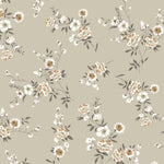 The Classic Floral Wallpaper pattern is showcased in a seamless design. The wallpaper features a tasteful array of flowers in white and tan over an olive green background, conveying a traditional yet fresh aesthetic that's perfect for adding character to any room.