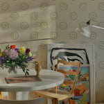 A cozy dining area featuring Smiley Wallpaper with green smiley faces on a light background. The space is decorated with a round white table, wooden chairs, colorful flowers, and framed artwork.
