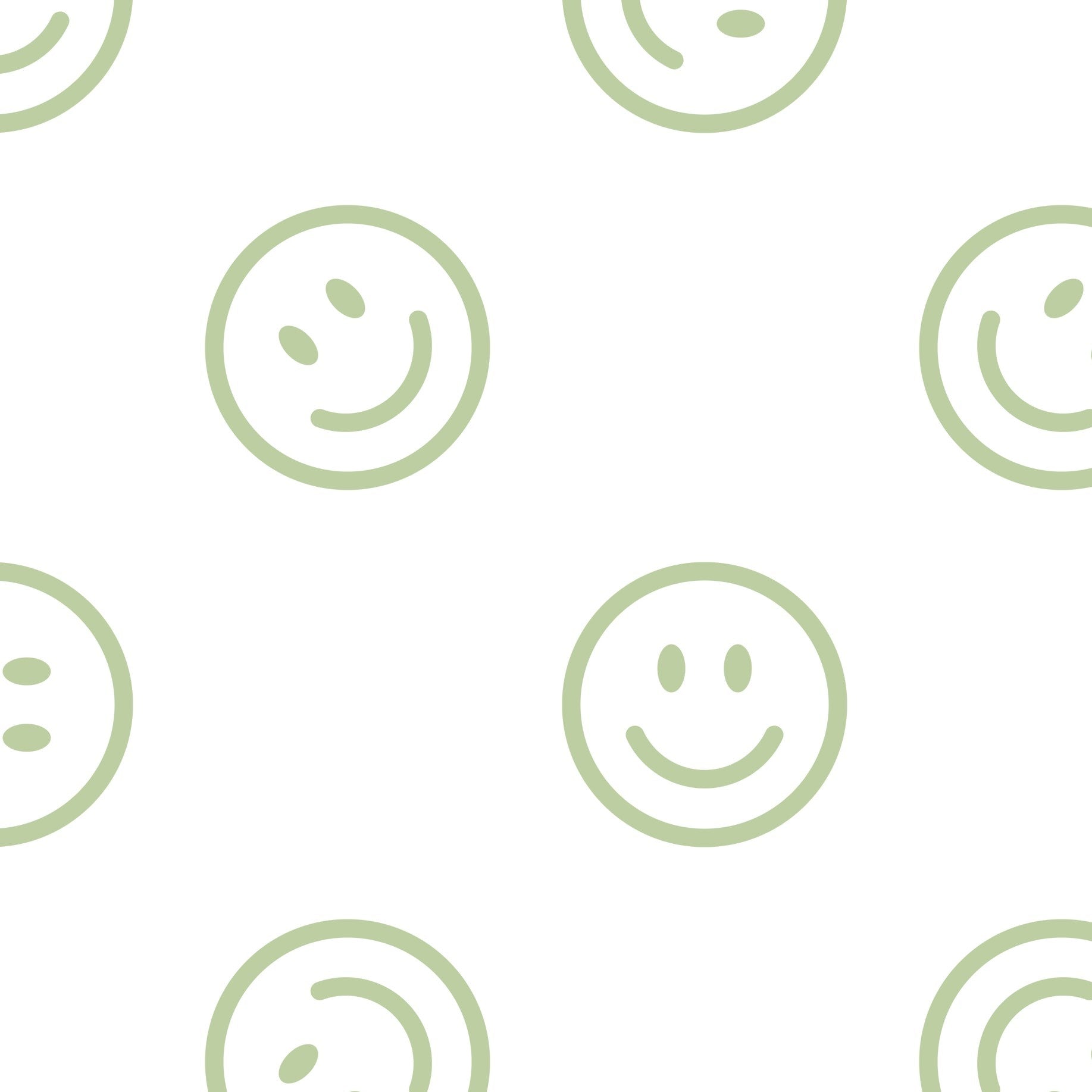 Close-up view of Smiley Wallpaper with a playful pattern of green smiley faces on a light background, providing a clear look at the design