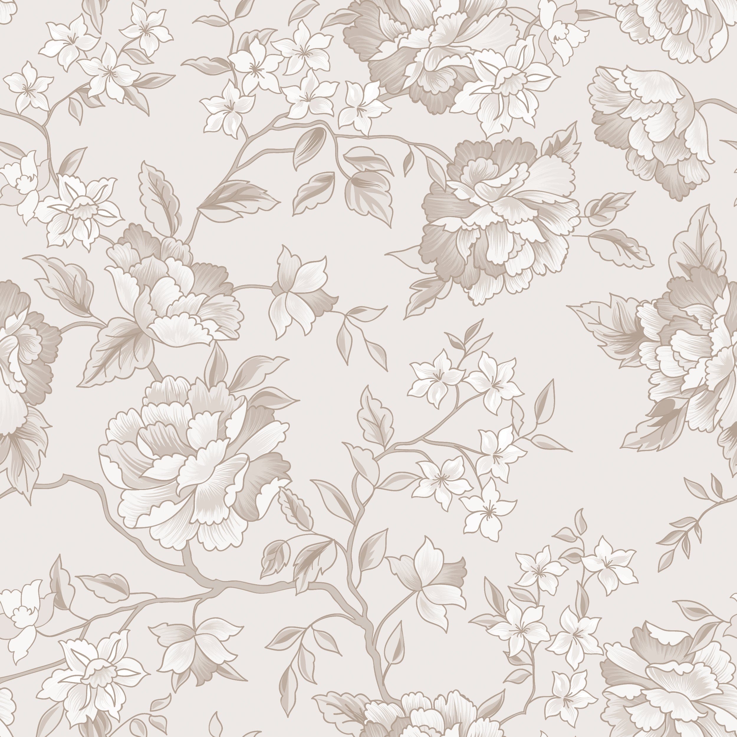 A close-up of the Ornamental Garden Wallpaper, showing the rich detail of its beige floral pattern, with large blooming flowers and leafy branches. The design captures a timeless beauty with a sense of depth and texture.