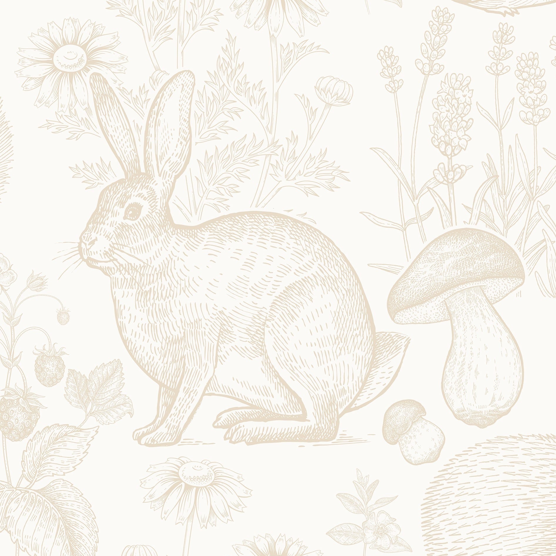 Seamless pattern of "Woodland Creatures Wallpaper" displaying a repetitive design of rabbits, hedgehogs, squirrels, mushrooms, and various plants in sepia tones on an off-white background, offering a rustic and enchanting ambiance to a room.