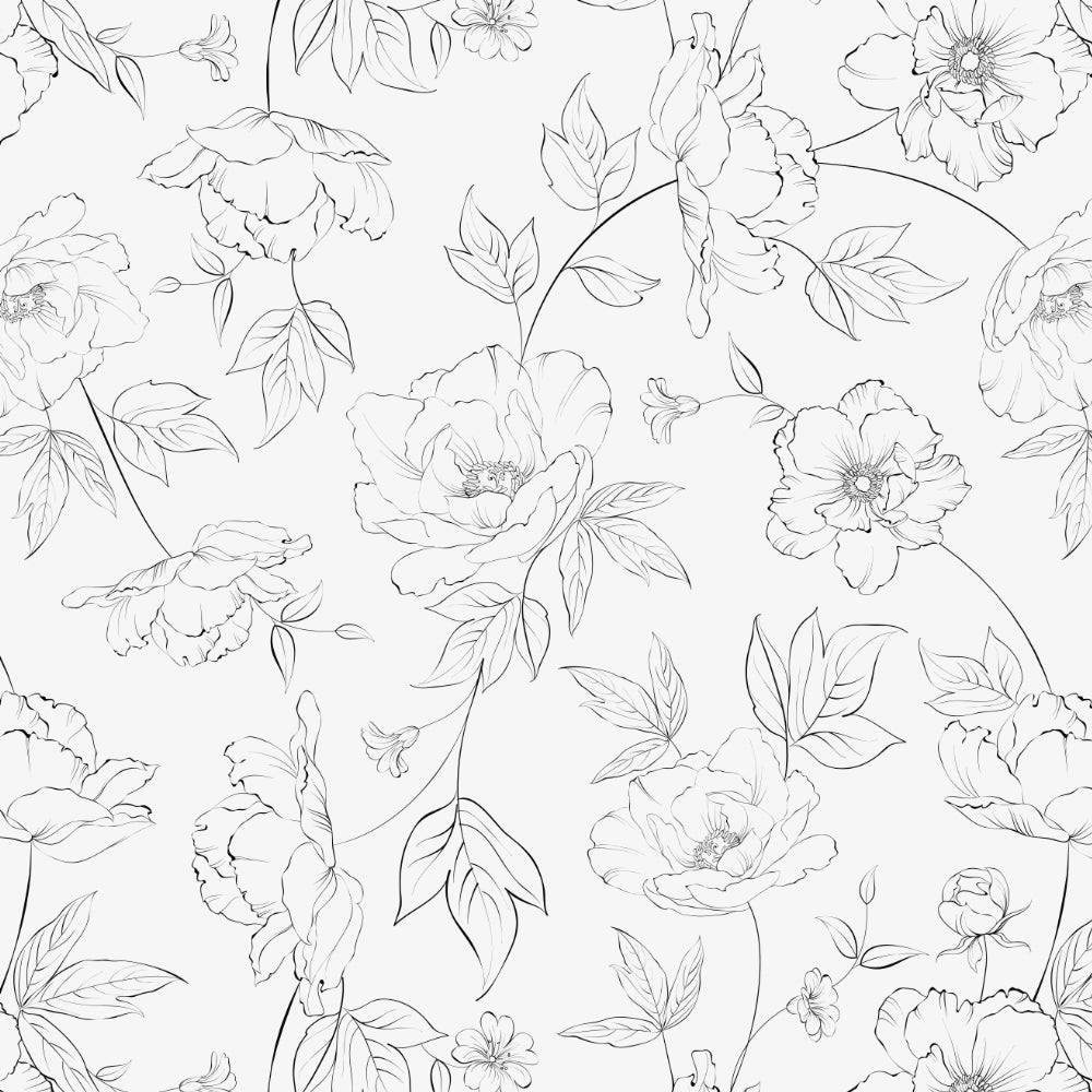 A detailed close-up of the white wallpaper with a delicate black floral line art pattern, highlighting the intricate design of flowers and leaves.