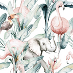 Close-up view of 'Tropical Wallpaper - African Animals' depicting watercolor illustrations of African wildlife including elephants and flamingos amidst lush greenery, ideal for a dynamic and engaging wall decor.