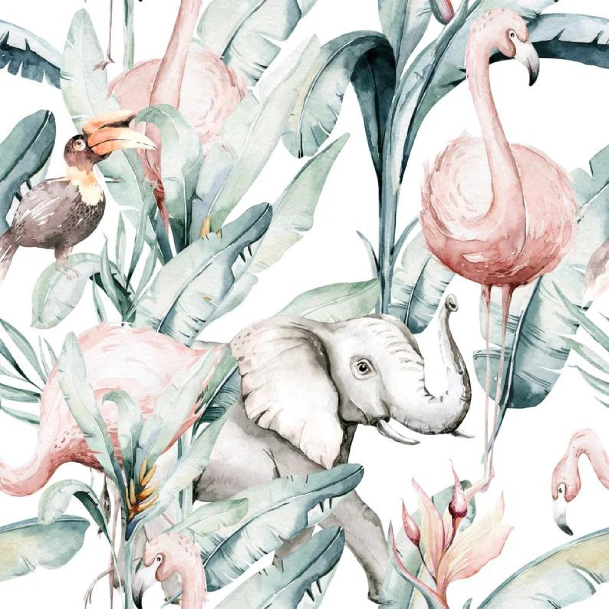 Close-up view of 'Tropical Wallpaper - African Animals' depicting watercolor illustrations of African wildlife including elephants and flamingos amidst lush greenery, ideal for a dynamic and engaging wall decor.