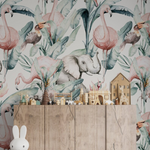 Children's playroom featuring 'Tropical Wallpaper - African Animals' with a vibrant scene of elephants, flamingos, and tropical foliage, complemented by a wooden toy storage unit filled with colorful toys.
