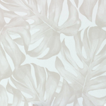 A square image focused on a white wallpaper pattern with a subtle monstera leaf design. The leaves have a soft, painterly quality with gentle shades of gray for depth, providing a neutral yet tropical aesthetic suitable for a variety of interior decors.