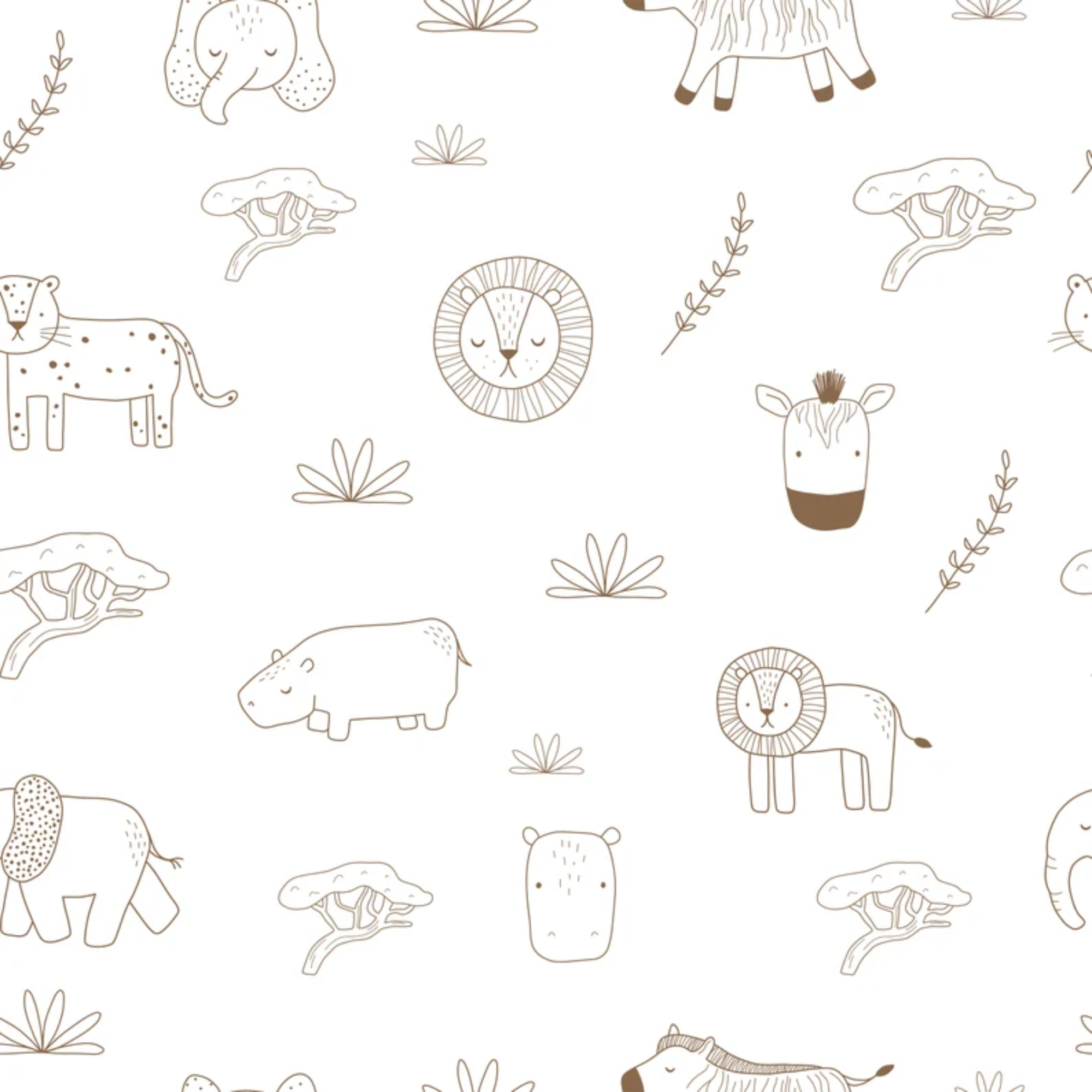 Close up of Safari Jungle Wallpaper featuring a pattern of sketched animals including lions, giraffes, elephants, and zebras in brown outlines on a white background, with small accents of green foliage, creating a playful and educational atmosphere for a child's room.