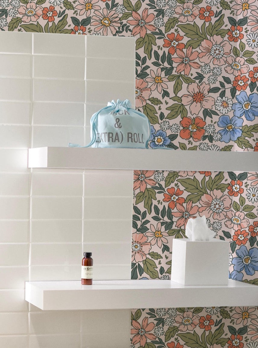 Watercolour Floral Wallpaper II in a stylish bathroom setting, showcasing vibrant floral patterns and modern decor