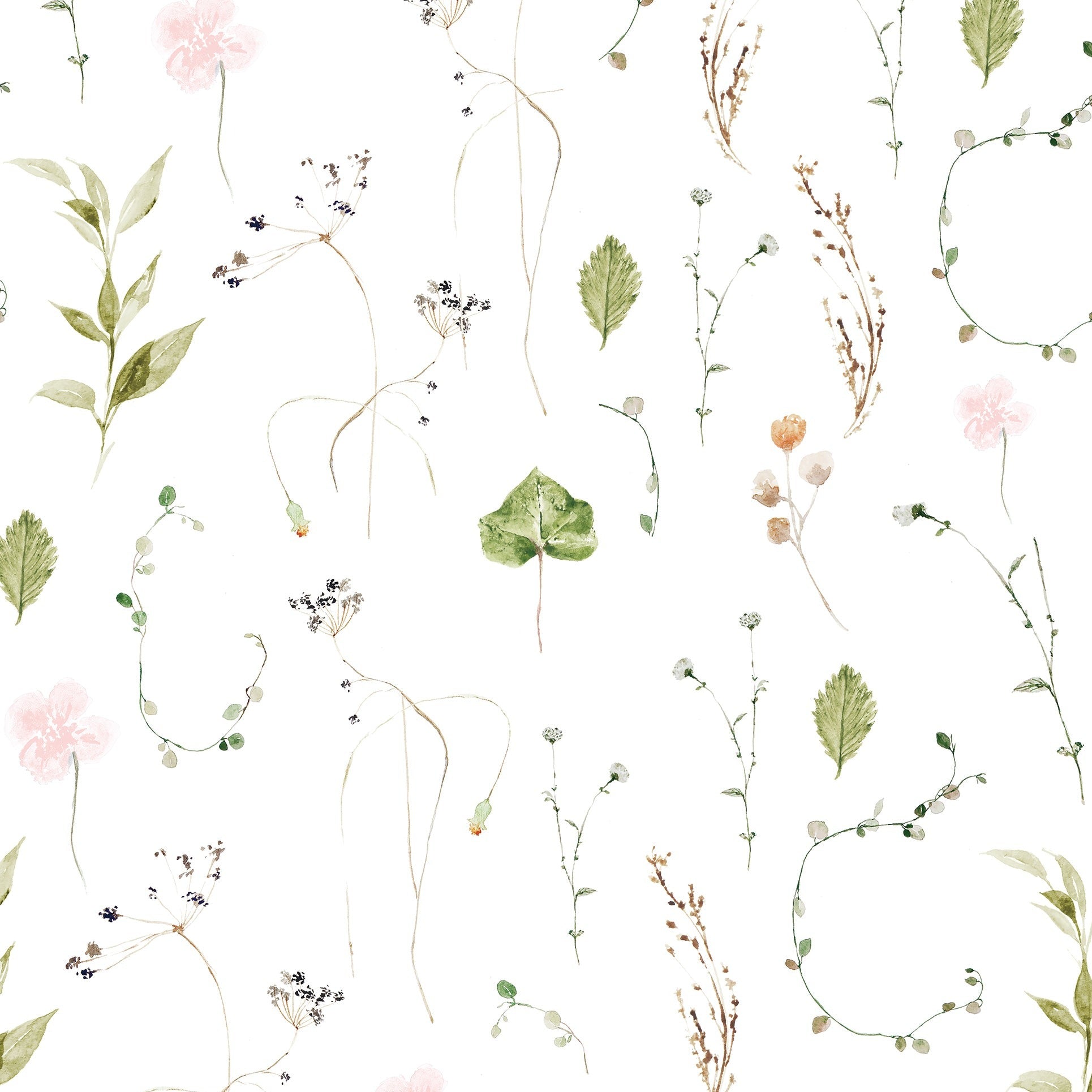A close-up of the Watercolour Floral Wallpaper in Blush Pink, showcasing an elegant and soothing pattern of hand-painted flowers, leaves, and branches. The gentle pink blooms and soft green foliage set against a clean white background provide a delicate and airy feel, ideal for creating a peaceful and cheerful environment in any room.