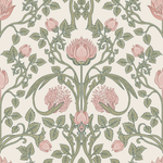 A detailed view of the pastel floral damask wallpaper pattern, featuring soft pink blooms and green foliage on a light background.