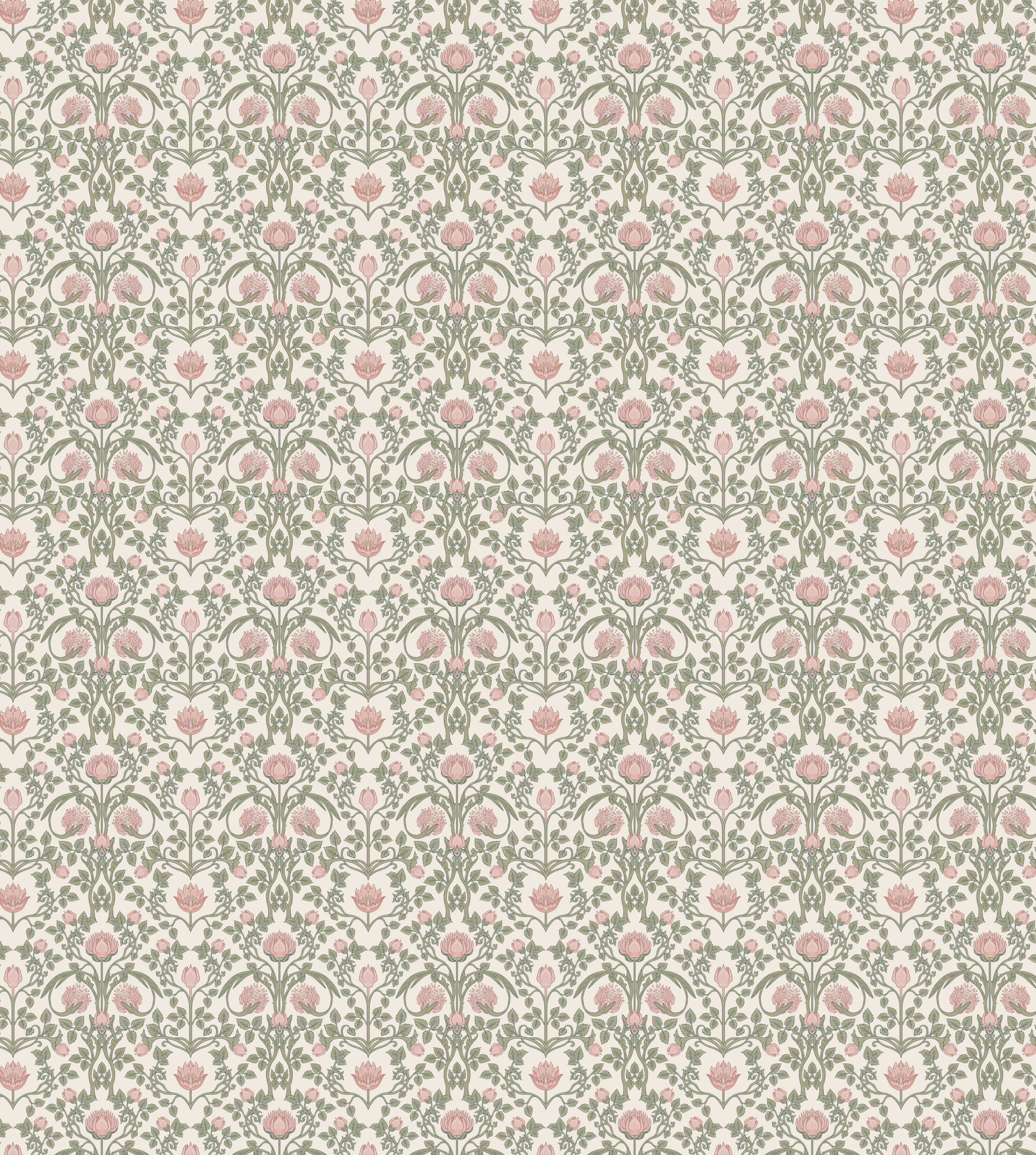 A detailed view of the pastel floral damask wallpaper pattern, featuring soft pink blooms and green foliage on a light background.