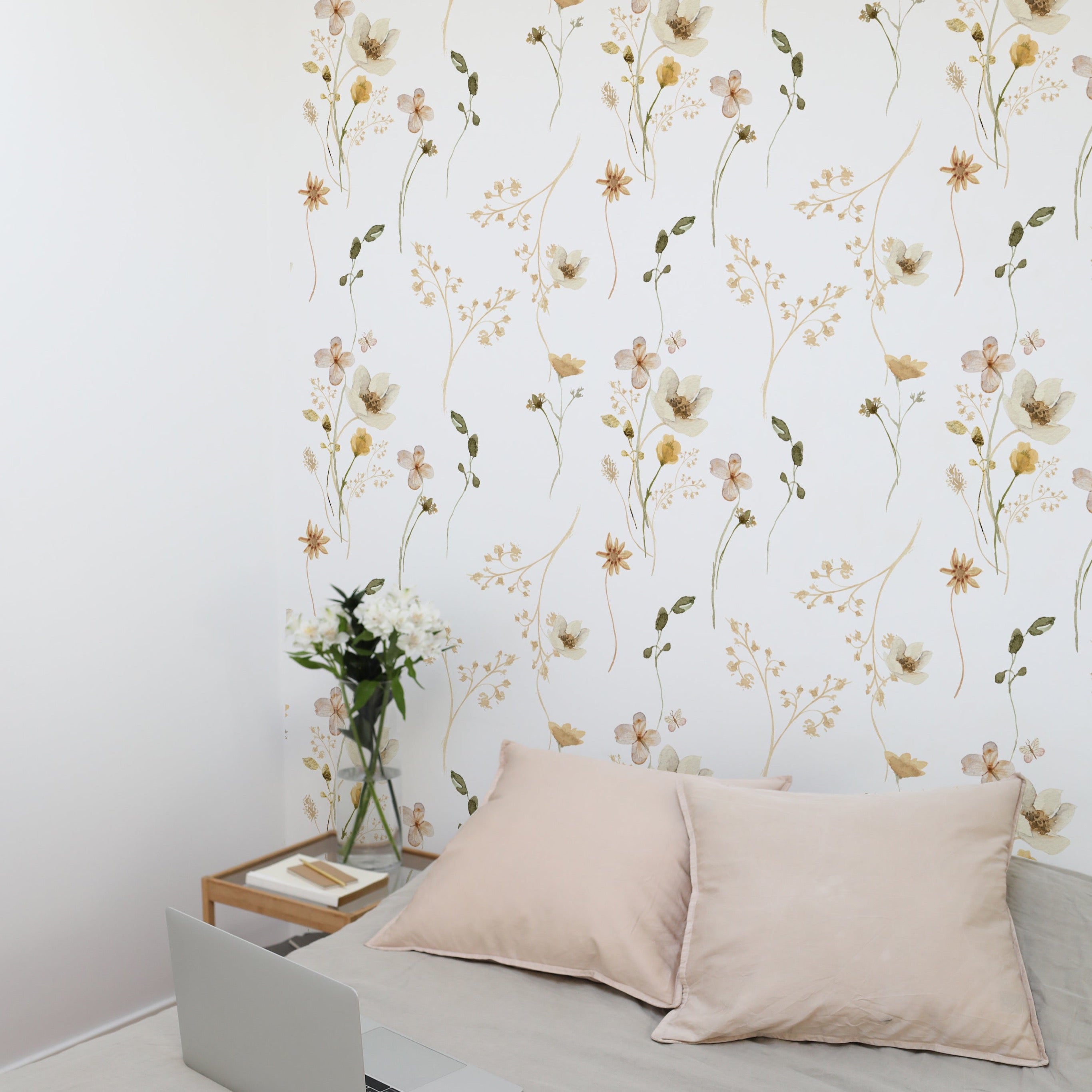 wallpaper, peel and stick wallpaper, Home decor, delicate floral wallpaper, Golden yellow wallpaper, bedroom wallpaper, Floral wallpaper,