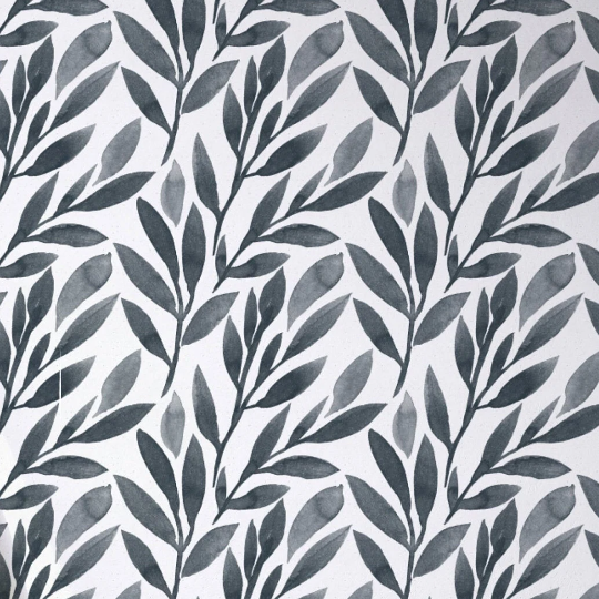 Close-up view of the Watercolor Floral Wallpaper in Charcoal. This wallpaper features a bold, monochromatic pattern of charcoal-colored leaves against a light background, creating a striking and modern botanical design.